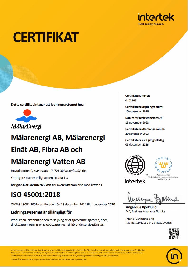 Arbetsmiljöcertifikat för Mälarenergi