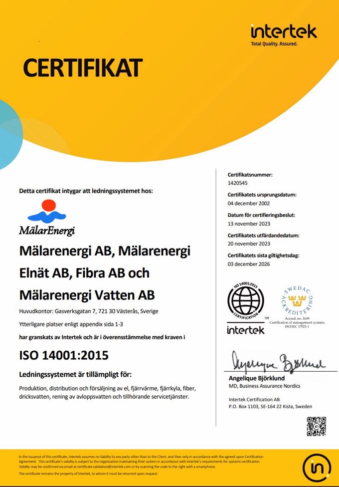 Miljöcertifikatet för Mälarenergi